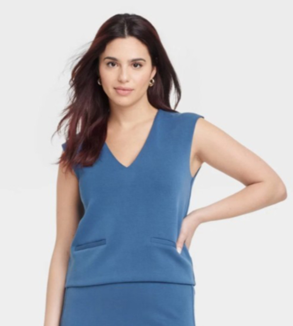 Women's Sandwash Vest Blue Med V Neck Lined Business Casual Preppy Academia